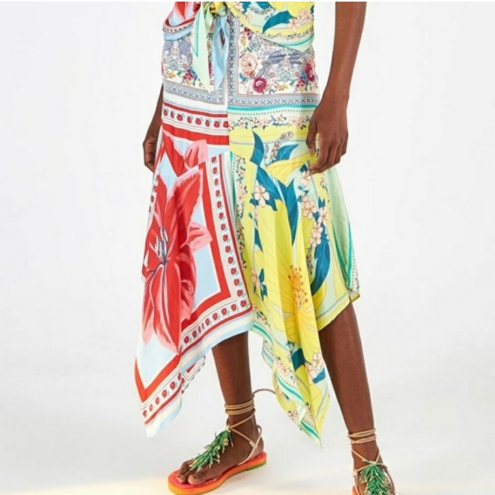 NWT FARM Rio Tropical Patchwork Handkerchief Midi Skirt in Red, Yellow, Blue